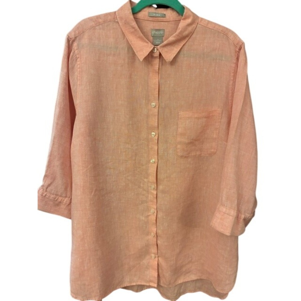 Chico's Linen Shirt Women 4X Coral Orange Excellent No Iron 3/4 Sleeve Button Up - Picture 6 of 6
